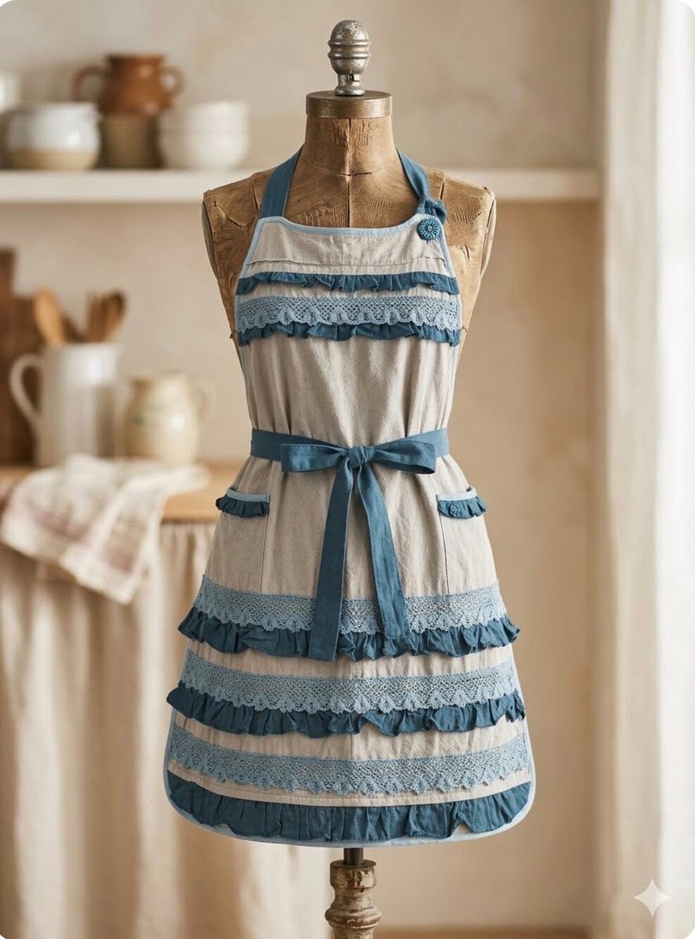 Anthropologie Tiered Ruffle Apron Blue Gray Lace Crochet Cottagecore Halter